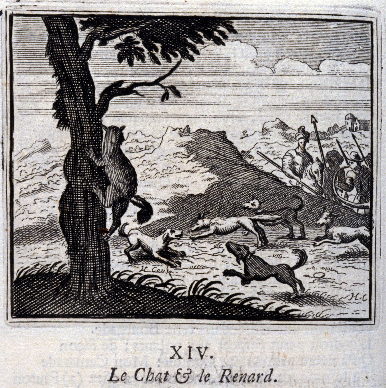 Katten och räven. Fabler av Jean de La Fontaine (1621-95). Illustration av François Chauveau (1613-1676). Upplaga av 1728. av Francois Chauveau