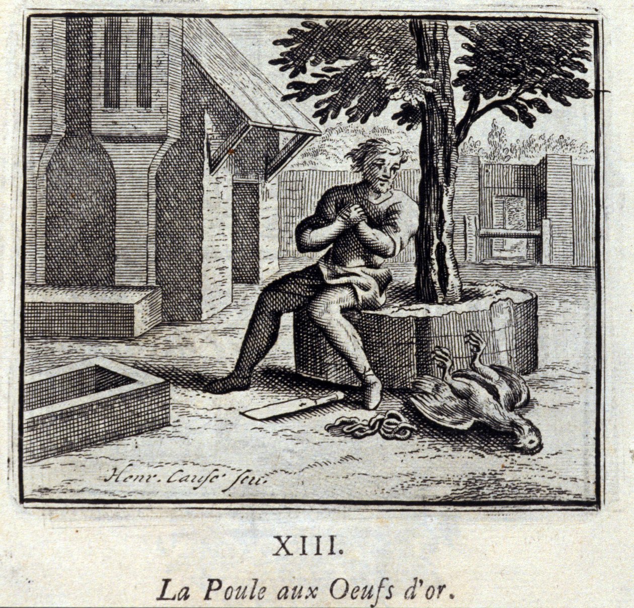 Kycklingen med guldägg. Fabler av Jean de La Fontaine (1621-95). Illustration av François Chauveau (1613-1676). Upplaga av 1728. av Francois Chauveau