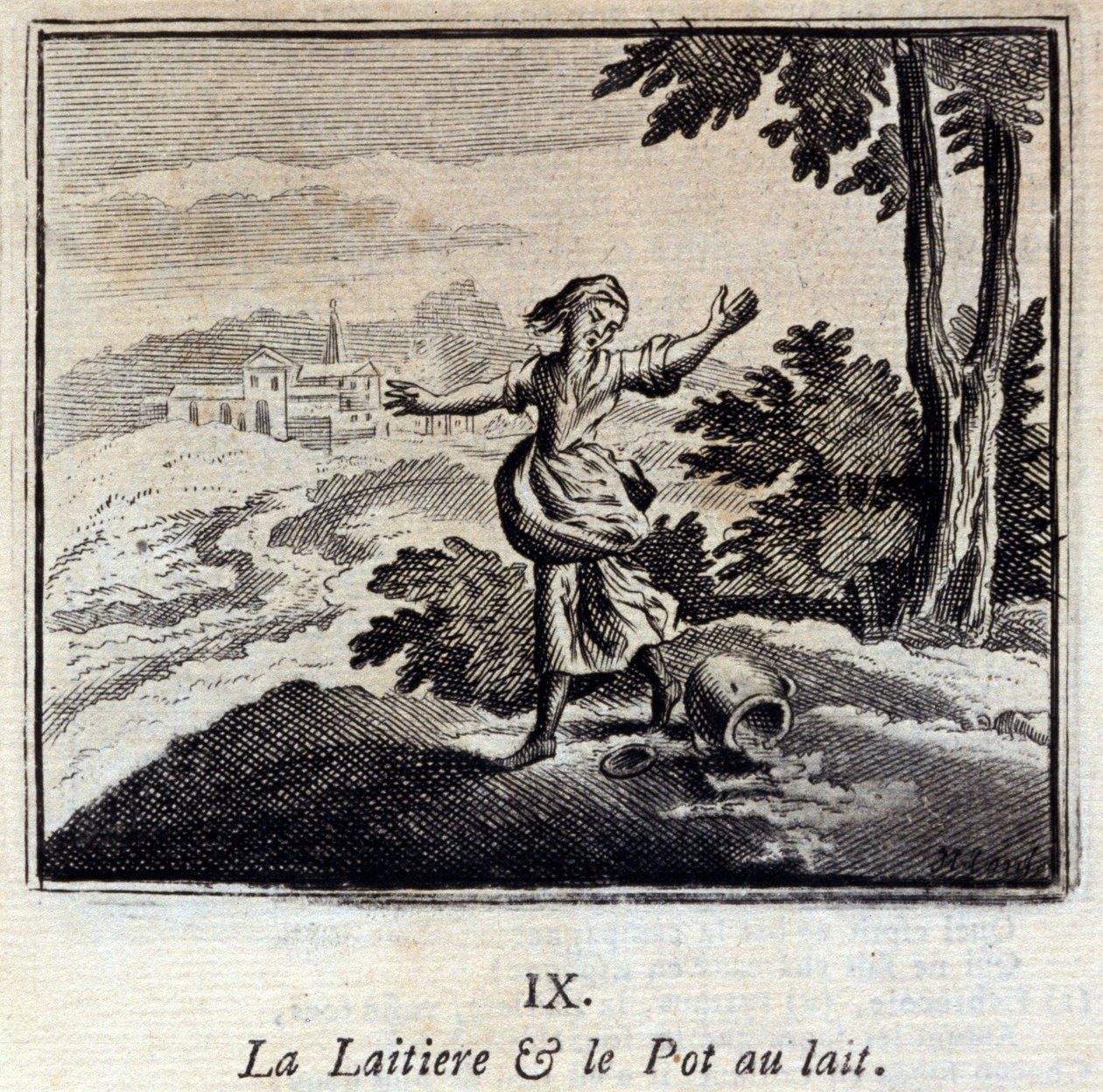 Mejeriet och mjölkburken. Fabler av Jean de La Fontaine (1621-95). Illustration av François Chauveau (1613-1676). Upplaga av 1728. av Francois Chauveau