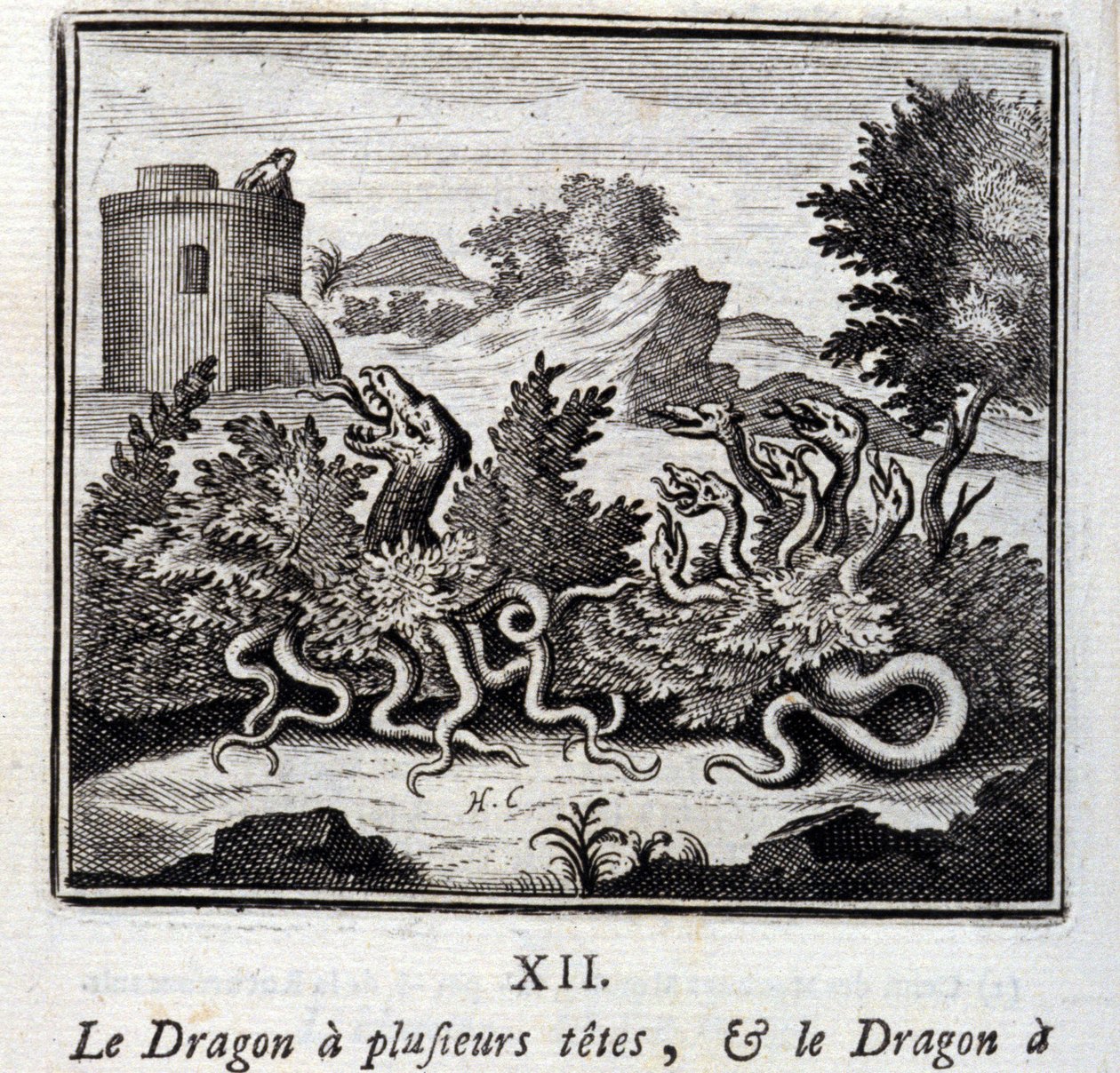 Draken har flera huvuden och draken har flera svansar. Fabler av Jean de La Fontaine (1621-95). Illustration av François Chauveau (1613-1676). Upplaga av 1728. av Francois Chauveau