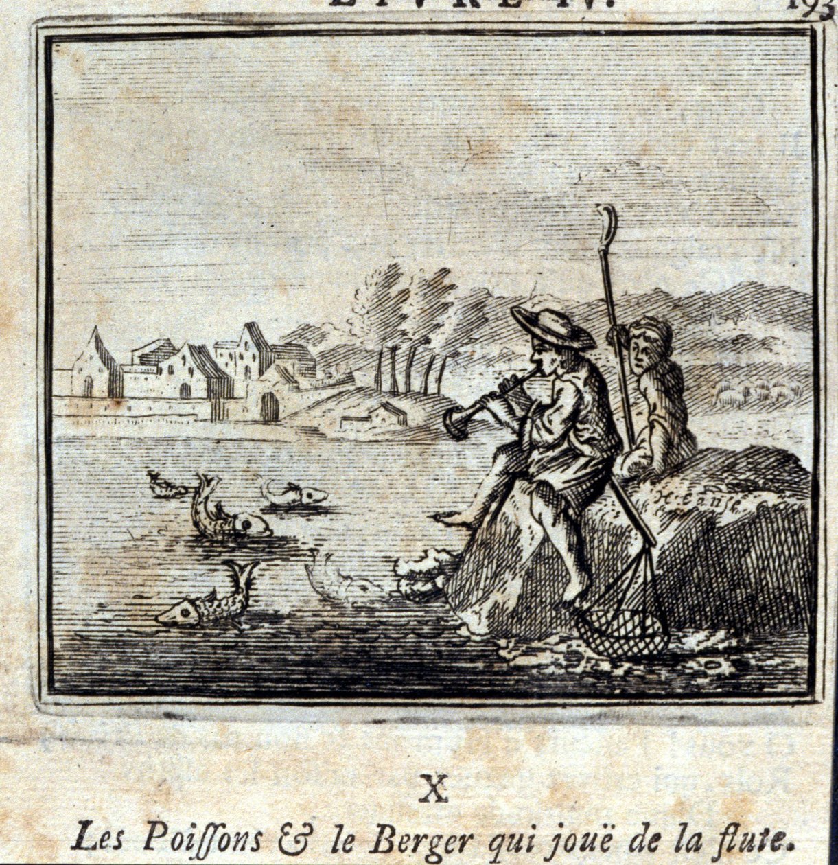 Fisken och herden som spelar flöjt. Fabler av Jean de La Fontaine (1621-95). Illustration av François Chauveau (1613-1676). Upplaga av 1728. av Francois Chauveau