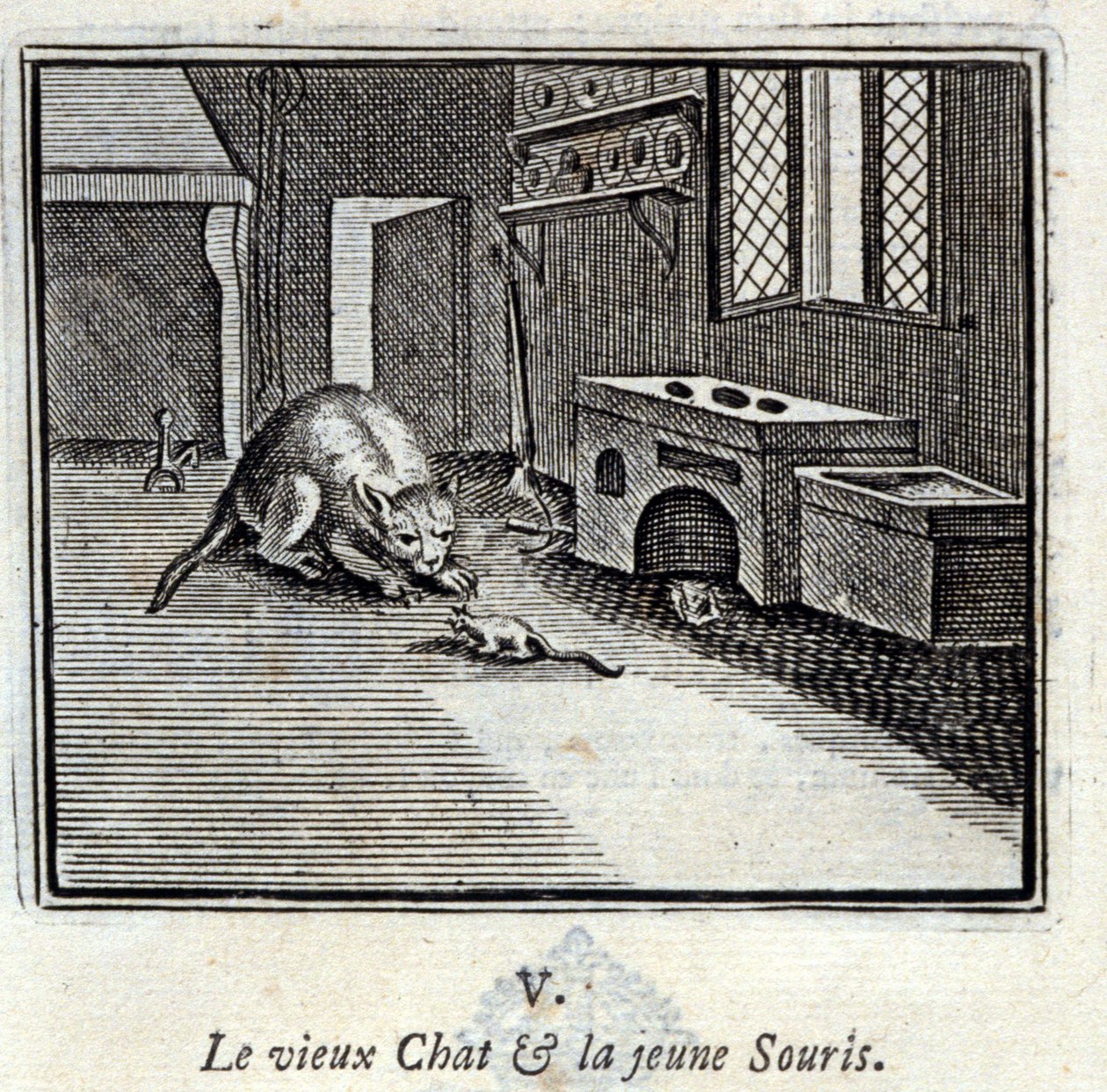 Den gamla katten och den unga musen. Fabler av Jean de La Fontaine (1621-95). Illustration av François Chauveau (1613-1676). Upplaga av 1728. av Francois Chauveau