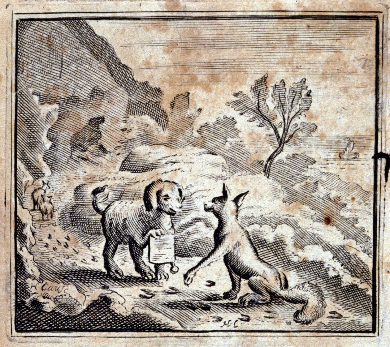 Det sjuka lejonet och räven. Fabler av Jean de La Fontaine (1621-95). Illustration av François Chauveau (1613-1676). Upplaga av 1728. av Francois Chauveau