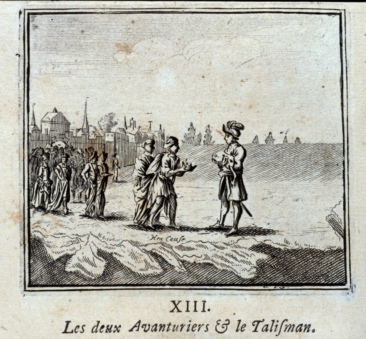 De två äventyrarna och talismanen. Fabler av Jean de La Fontaine (1621-95). Illustration av François Chauveau (1613-1676). Upplaga av 1728. av Francois Chauveau
