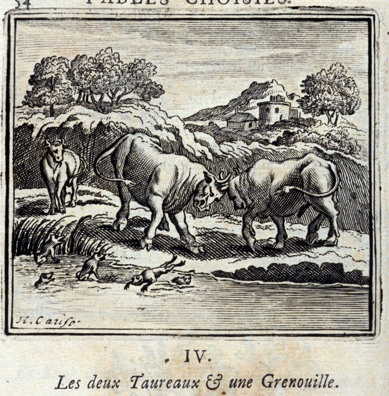 De två tjurarna och en groda. Fabler av Jean de La Fontaine (1621-95). Illustration av Francois Chauveau (1613-1676). Upplaga av 1728. av Francois Chauveau