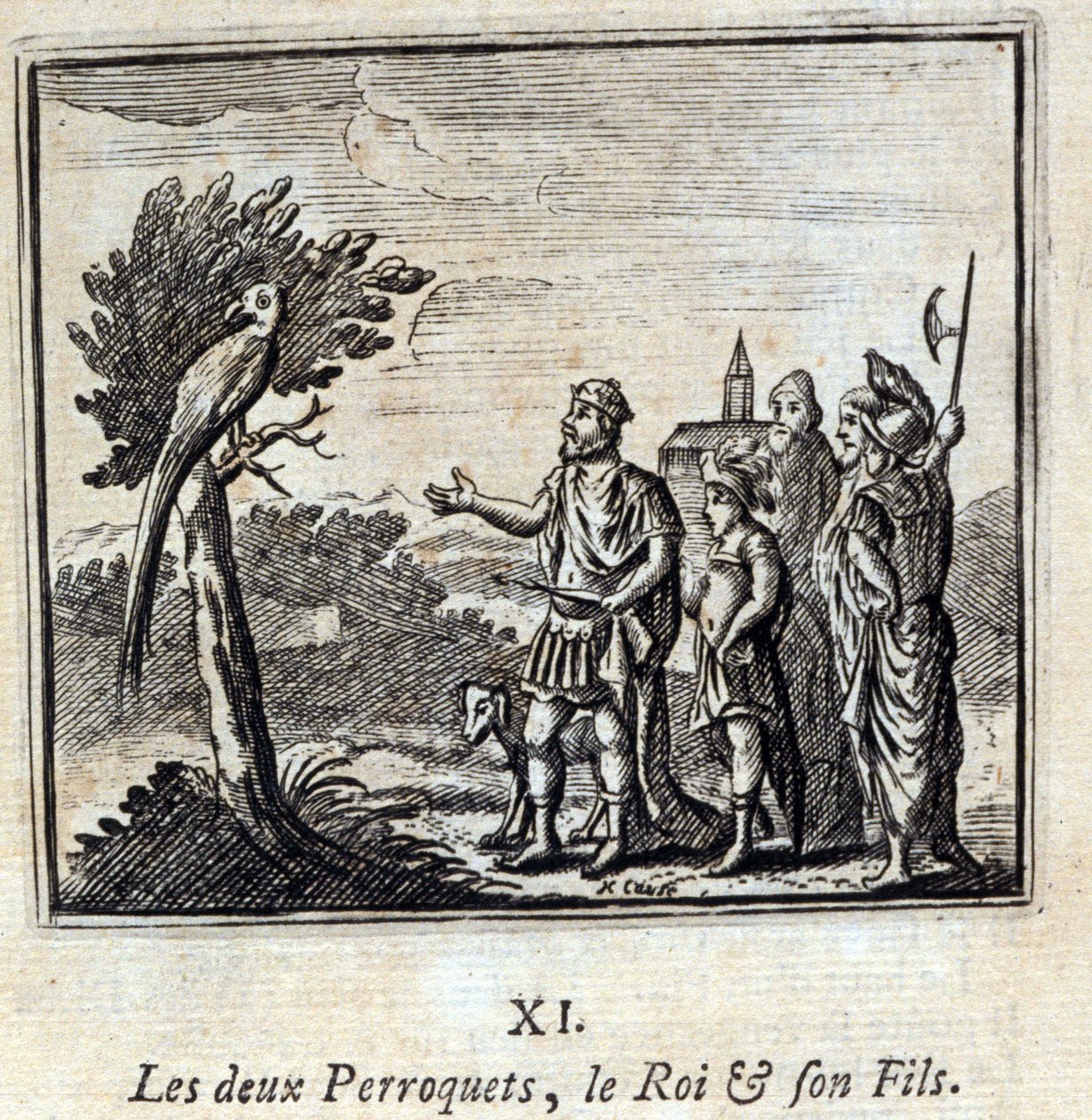 De två papegojorna kungen och hans son. Fabler av Jean de La Fontaine (1621-95). Illustration av François Chauveau (1613-1676). Upplaga av 1728. av Francois Chauveau