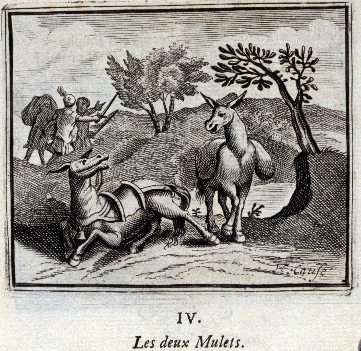 De två mulorna. Fabler av Jean de La Fontaine (1621-95). Illustration av Francois Chauveau (1613-1676). Upplaga av 1728. av Francois Chauveau