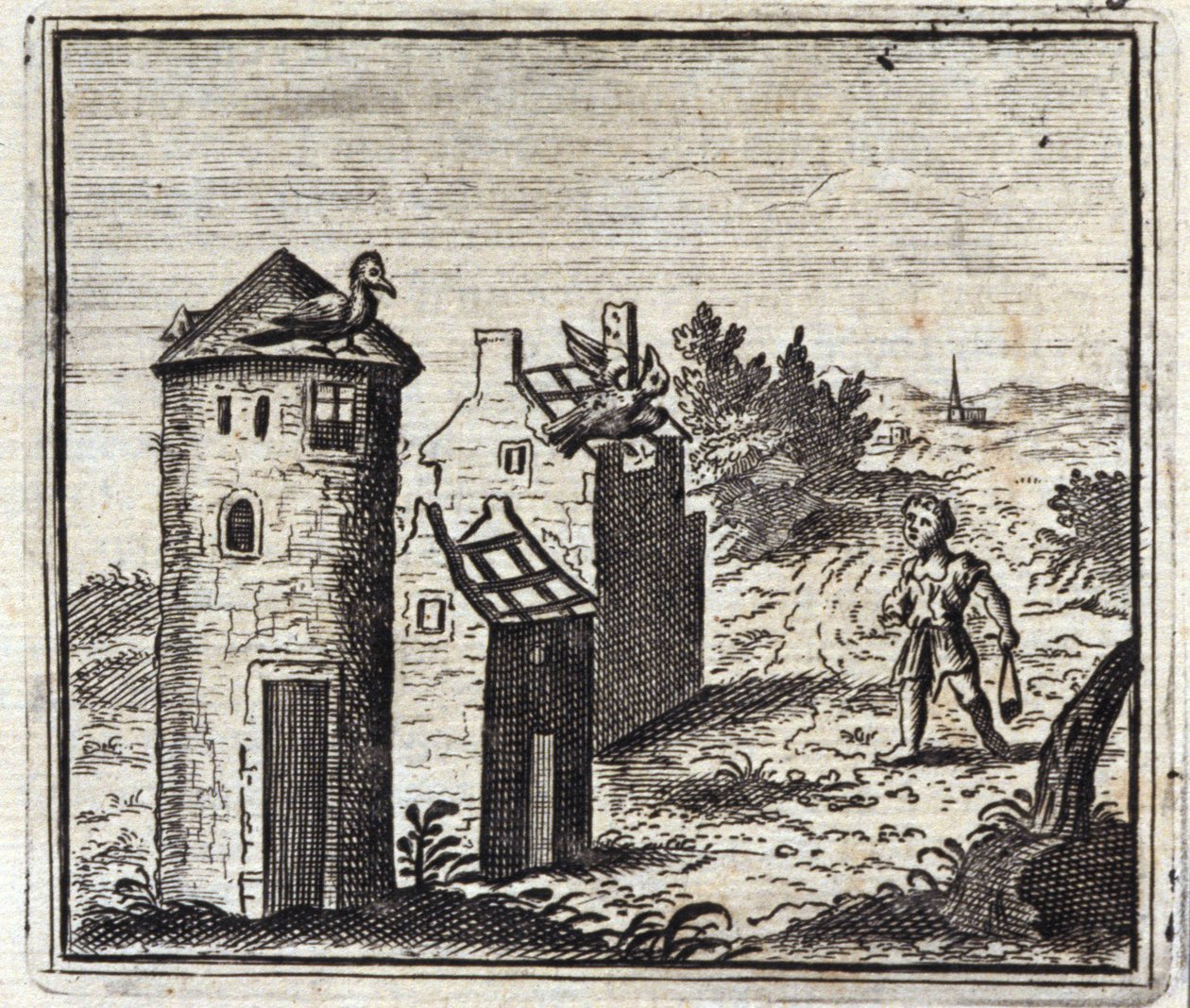 De två duvorna. Fabler av Jean de La Fontaine (1621-95). Illustration av Francois Chauveau (1613-1676). Upplaga av 1728. av Francois Chauveau