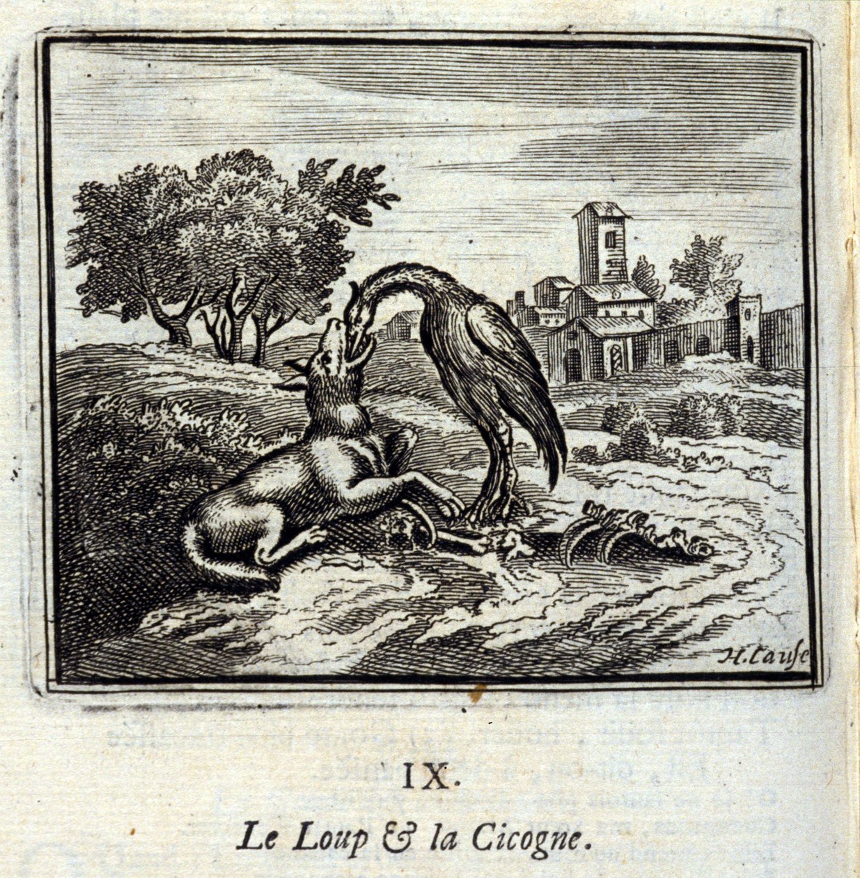 Vargen och storken. Fabler av Jean de La Fontaine (1621-95). Illustration av François Chauveau (1613-1676). Upplaga av 1728. av Francois Chauveau