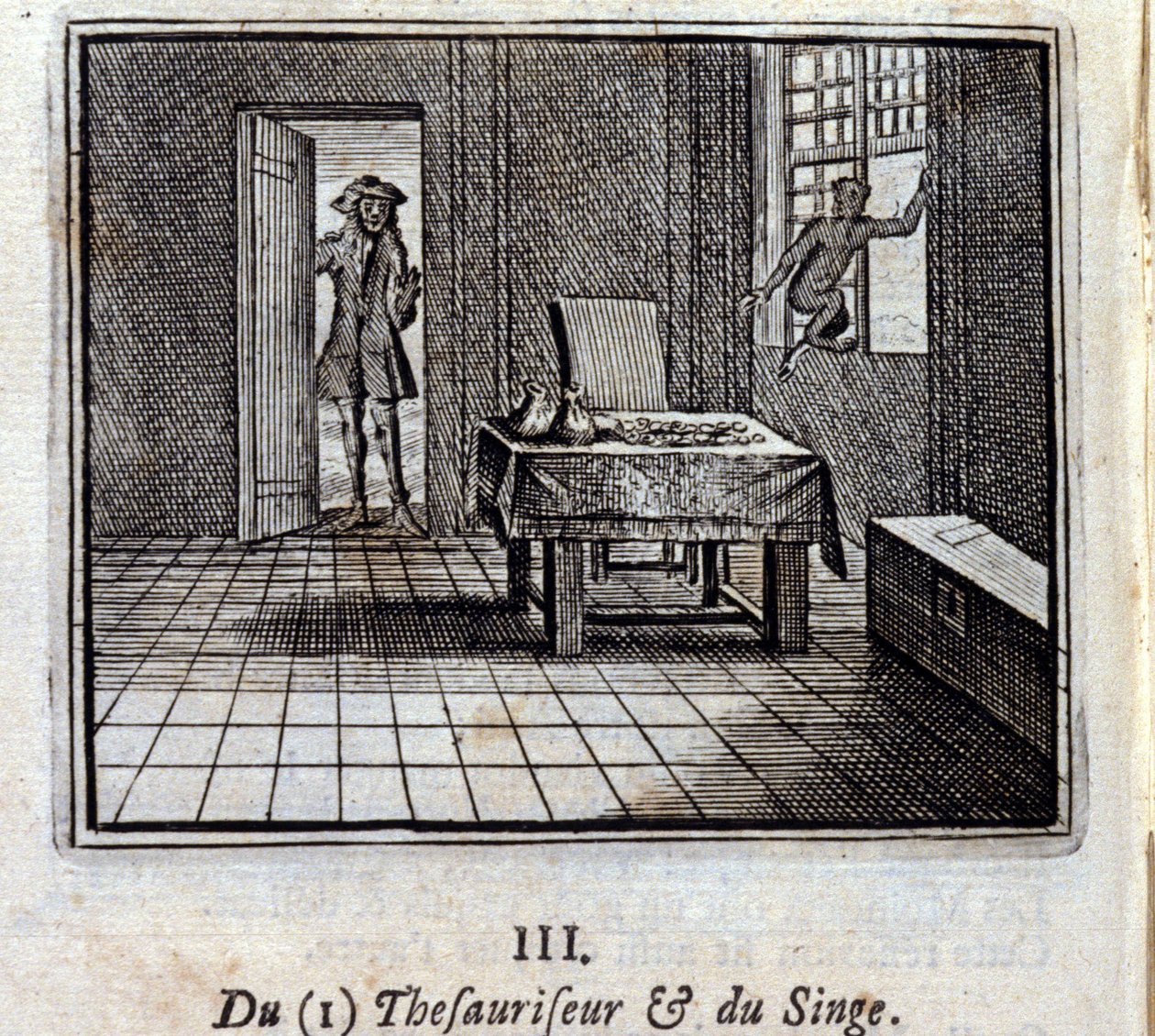 Tesauriserare och apa. Fabler av Jean de La Fontaine (1621-95). Illustration av Francois Chauveau (1613-1676). Upplaga av 1728. av Francois Chauveau