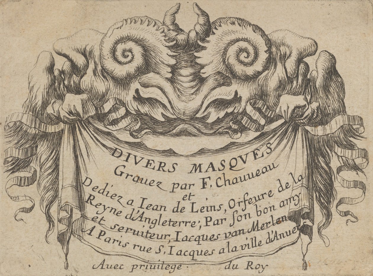 Titelskylt med två Satyrhuvuden, från Divers Masques, ca. 1635-45. av Francois Chauveau