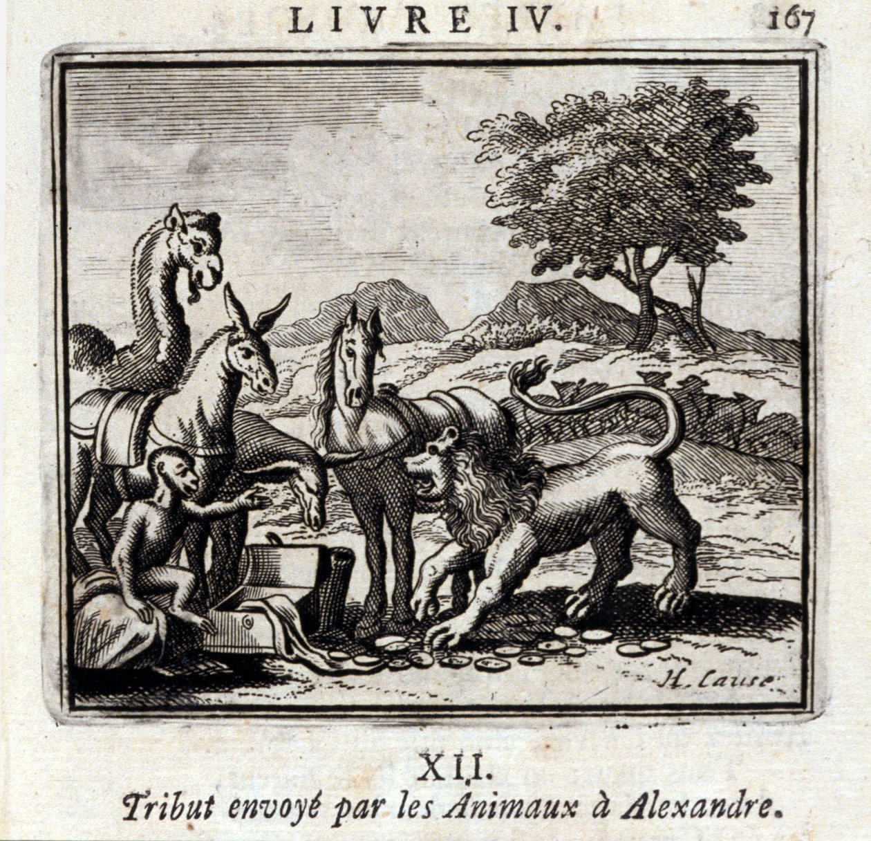 Hyllning skickad av Djuren till Alexander. Fabler av Jean de La Fontaine (1621-95). Illustration av François Chauveau (1613-1676). Upplaga av 1728. av Francois Chauveau