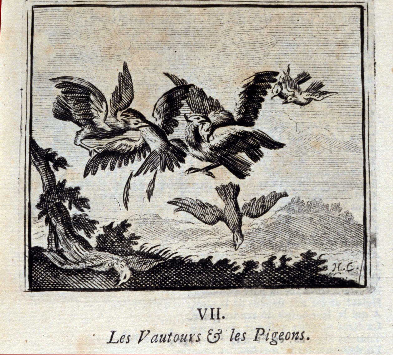 Gamar och duvor. Fabler av Jean de La Fontaine (1621-95). Illustration av Francois Chauveau (1613-1676). Upplaga av 1728. av Francois Chauveau