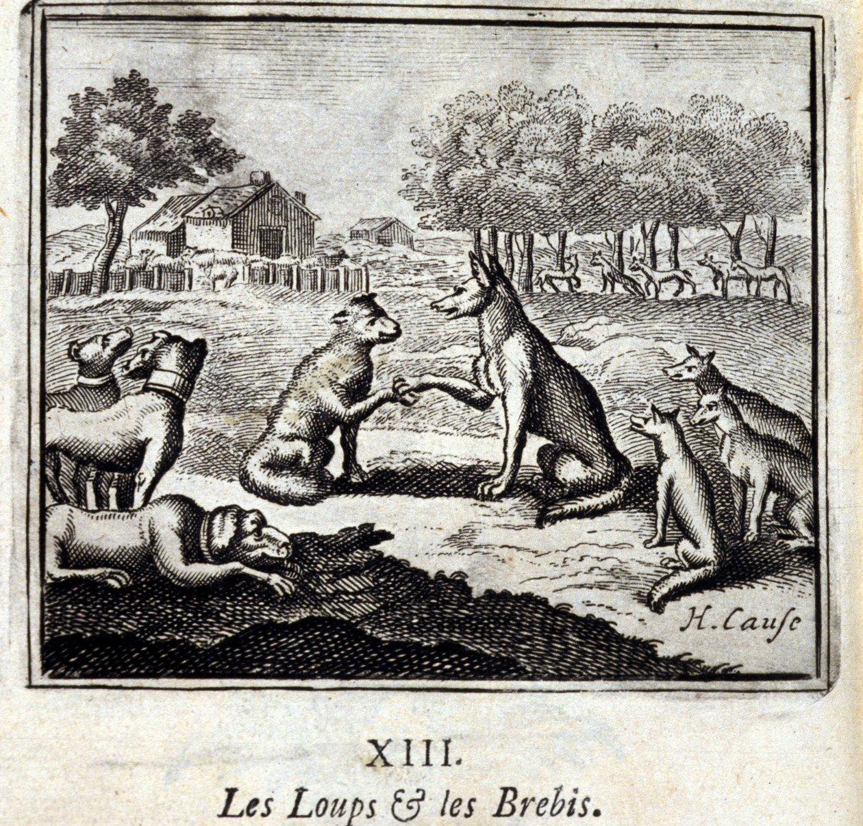 Vargar och får. Fabler av Jean de La Fontaine (1621-95). Illustration av Francois Chauveau (1613-1676). Upplaga av 1728. av Francois Chauveau