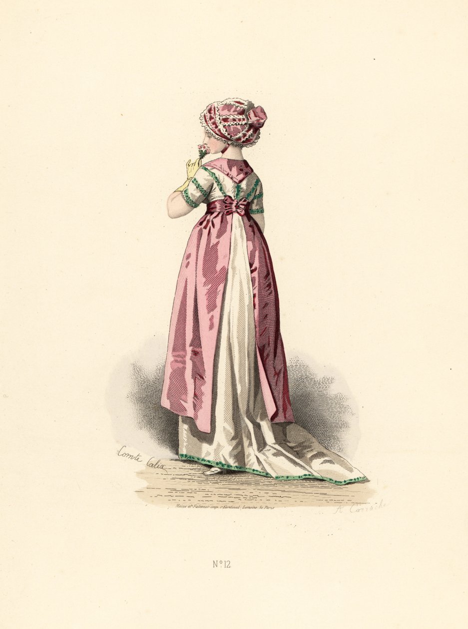 Kvinna i vit klänning och corsage med grön kant, rosa förkläde. av Francois Claudius (after) Compte Calix