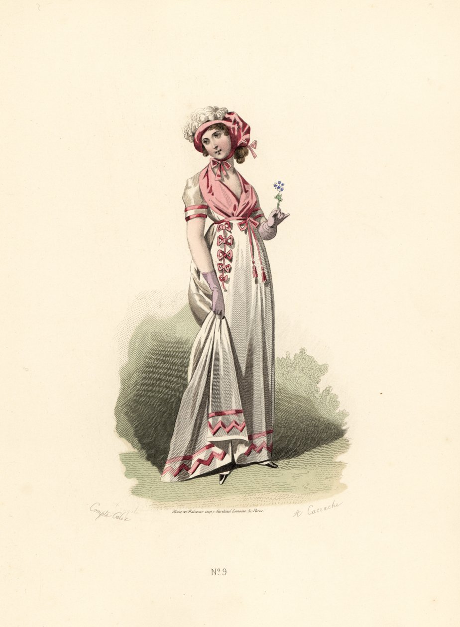 Kvinna i vit klänning, rosa fichu och corsage. av Francois Claudius (after) Compte-Calix
