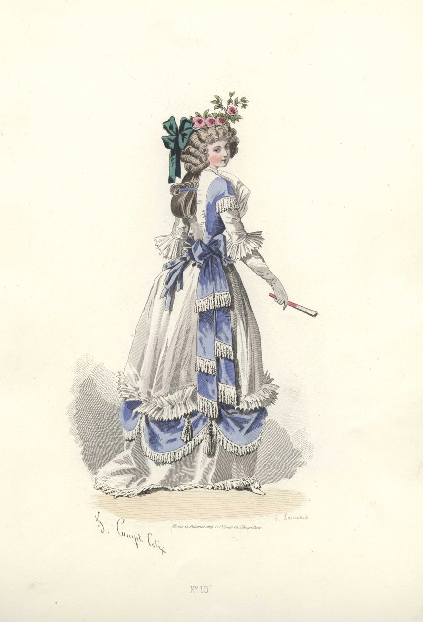 Kvinna i klänning med band krusiduller, era av Marie Antoinette. av Francois Claudius Compte Calix