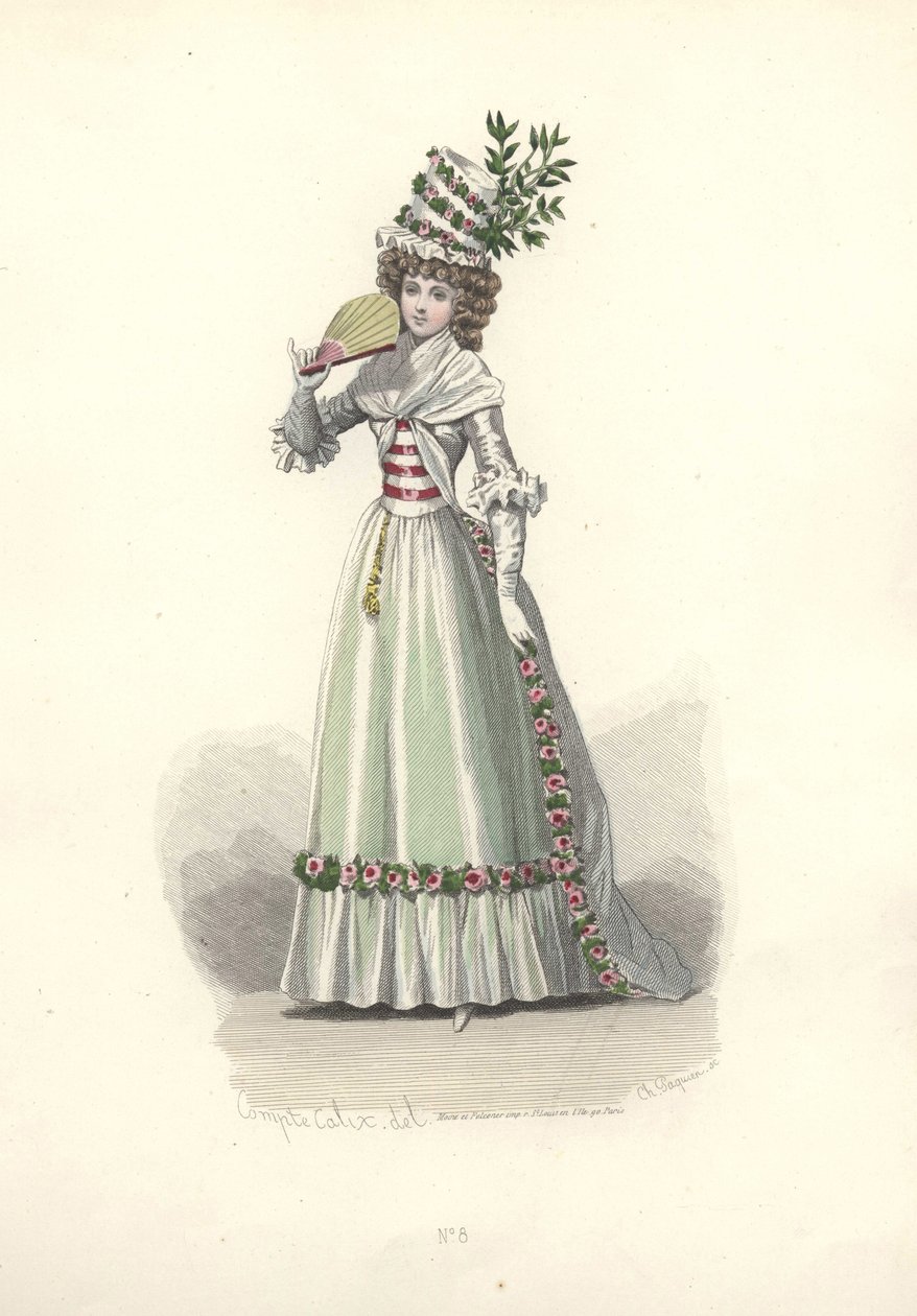 Kvinna i blomtrimmad outfit, era av Marie Antoinette. av Francois Claudius Compte Calix