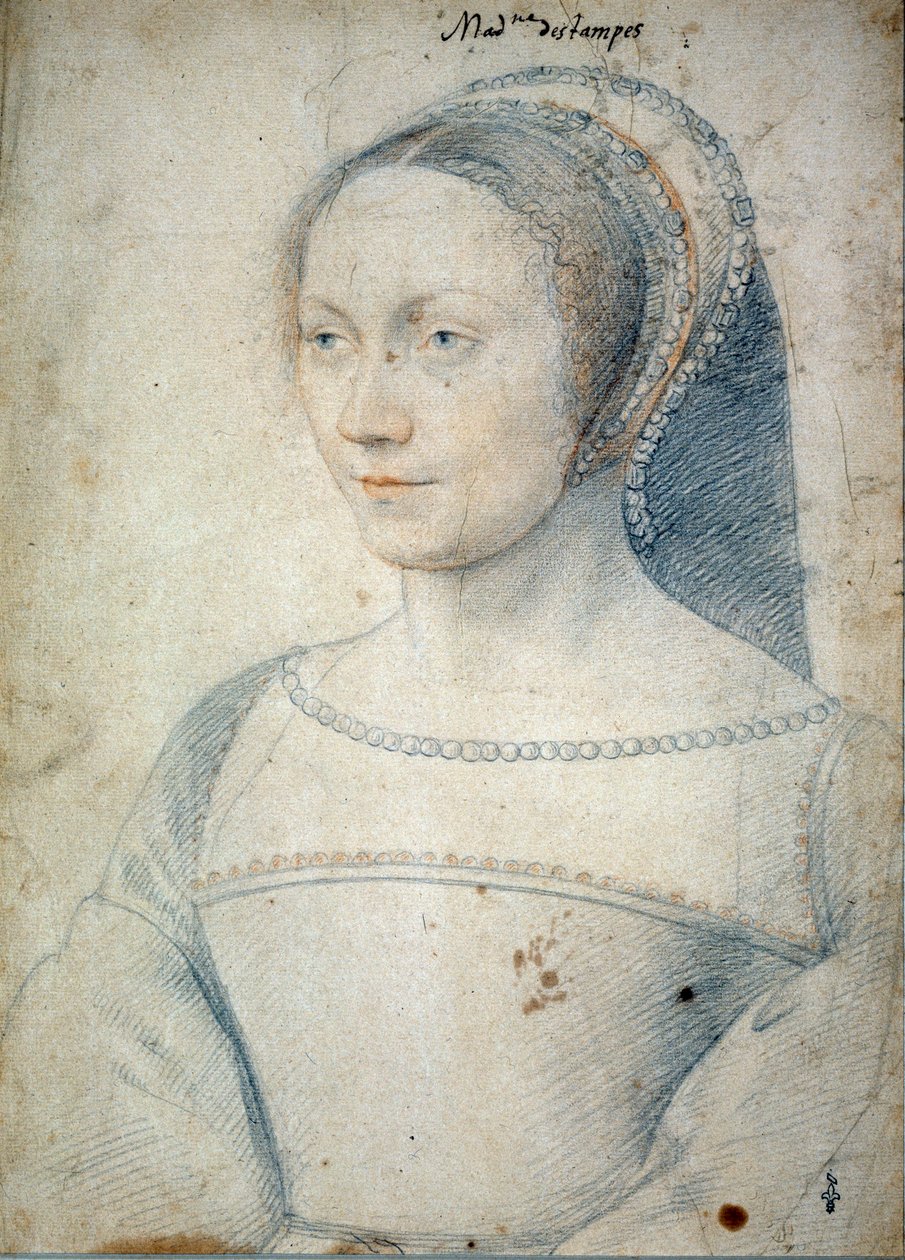 Porträtt av Anne de Pisseleu, hustru till Jean de Brush, hertiginna av Etampes (1508 - 1576). Teckning med svart sten och blod av Francois Clouet (1515-1572) av François Clouet