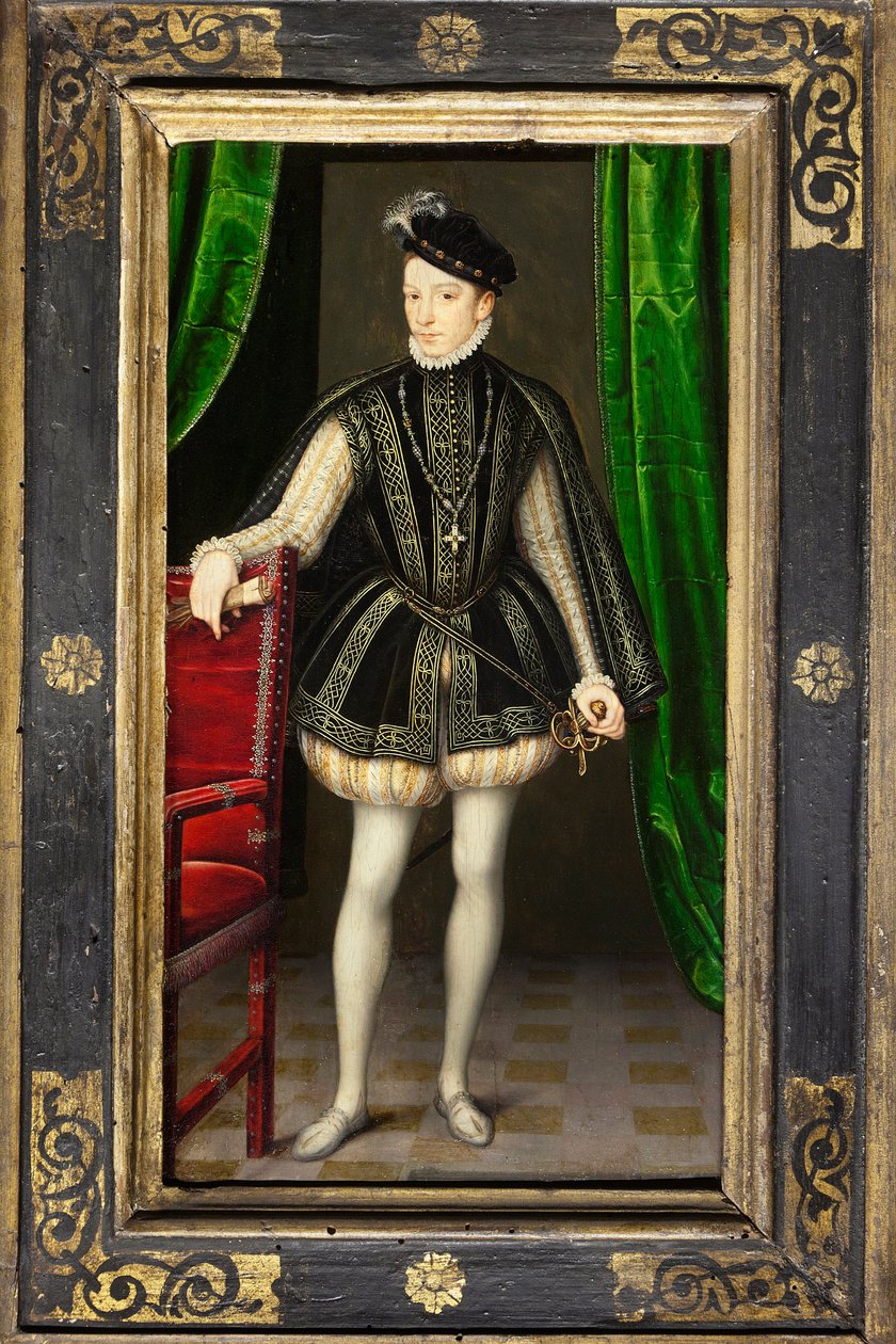 Porträtt av Karl IX (1550-1574), andra son till Henrik II och Catherine de Medicis, kung av Frankrike vid sin brors död i Francois II (1544-1560), gifte sig 1570 med Elizabeth av Österrike (1554-1592), Hans regne präglas av religionskrigen och th av François Clouet