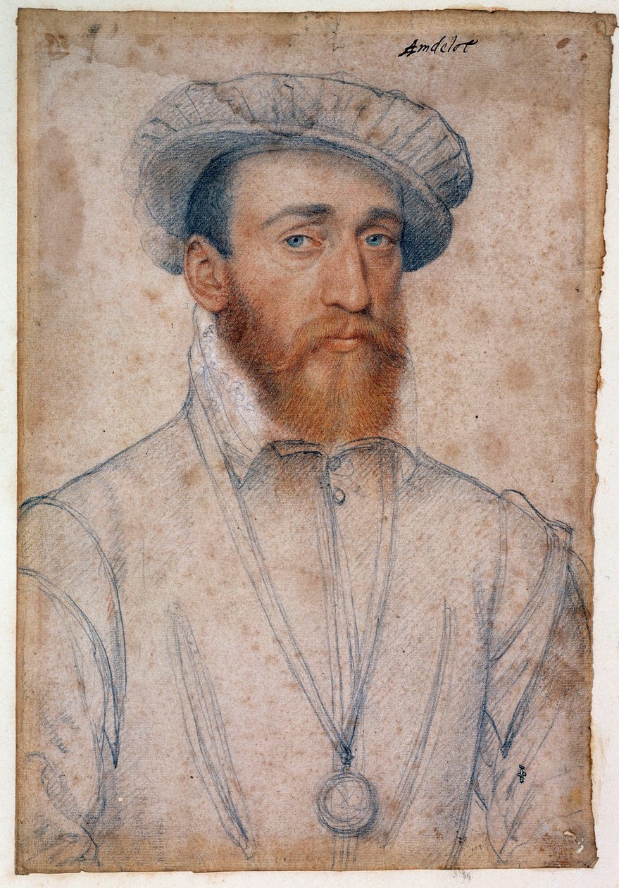 Porträtt av Francois de Coligny, herre över Andelot (1521 - 1569). Att rita ett blod och en svart sten av Clouet Francois (1515-1572) av François Clouet