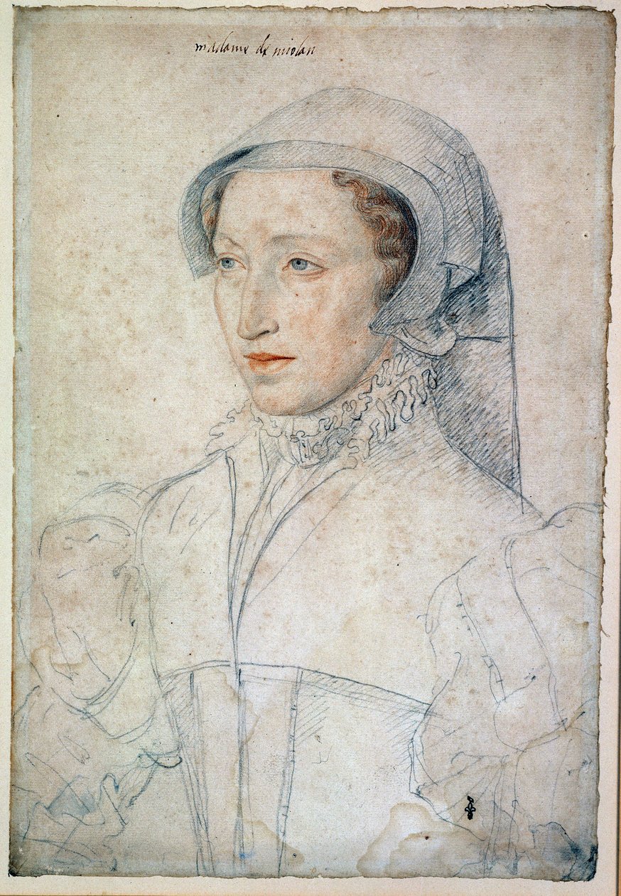 Porträtt av Francoise Mareschal av Parc-damen av Mitte-de-Miolans, hustru till Johannes III av Miolans (cirka 1520-1575). Honor av Catherine de Medici. Teckning med svart sten och blod av Francois Clouet (1515). av François Clouet