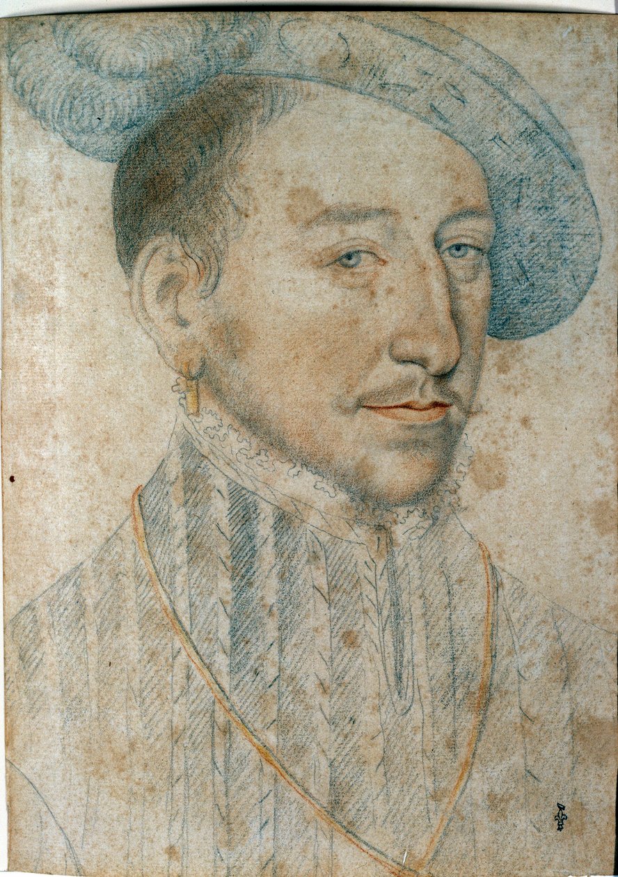 Porträtt av Henrik II (1519 - 1559), kung av Frankrike. Teckning med svart sten och blod av Francois Clouet (1515-1572) av François Clouet