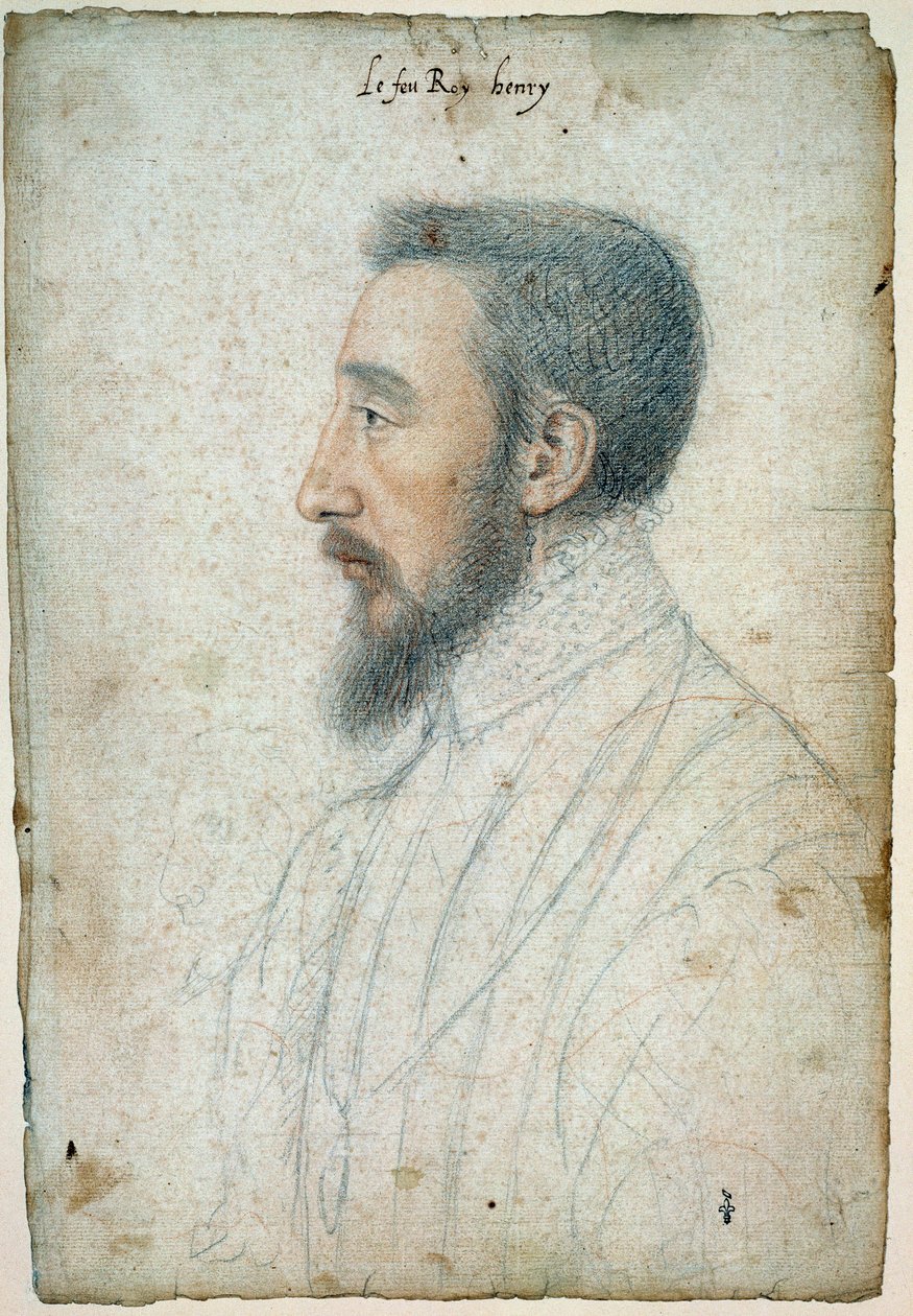 Porträtt av Henrik II, kung av Frankrike (1519 - 1559), cirka 1547. Ritning av ett blod och en svart sten av Clouet Francois (1515-1572) av François Clouet