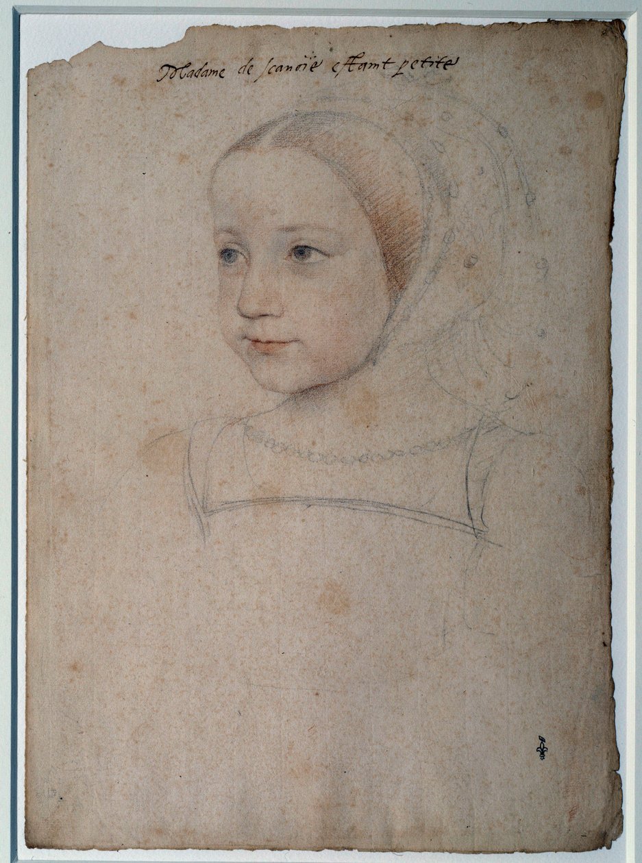 Porträtt av Marguerite de France (1523-1574) barn, dotter till Francois I, hertiginnan av Savojen Teckning med svart sten, blod förstärkt med akvarell av Francois Clouet (1515-1572) Chantilly från 1500-talet, Musee Conde av François Clouet