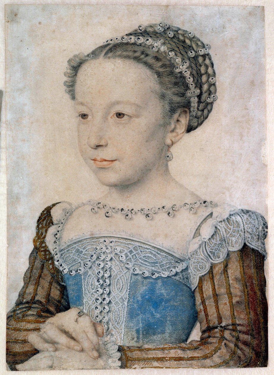 Porträtt av Marguerite de Valois (1553-1615) eller drottning Margot Teckning i blyerts och blod av Francois Clouet (cirka 1515-1572) 1500-talets sön. 0,29 X 0,21 m Chantilly, Musee Conde av François Clouet