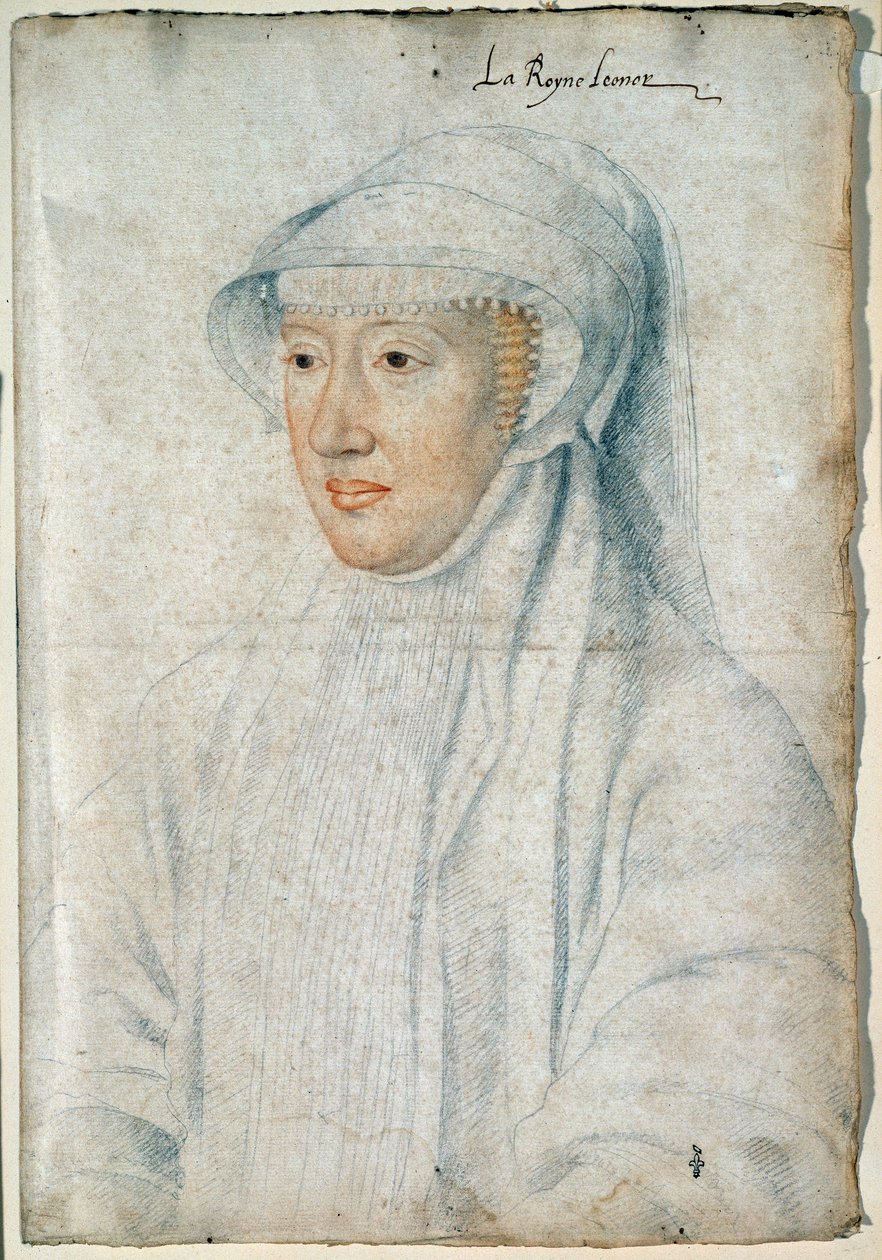 Porträtt av drottning Eleonore av Habsburg (1498-1558), andra fru till Francois I. Ritning med svart sten och blod av Francois Clouet (1515-1572) av François Clouet