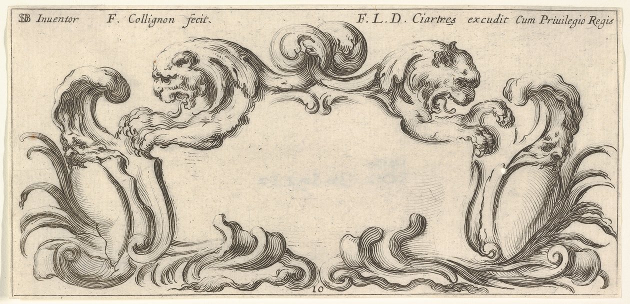 Plåt 10: en kartusch med två lejons huvuden i profil till vänster och höger i t..., ca. 1640-45. av Francois Collignon