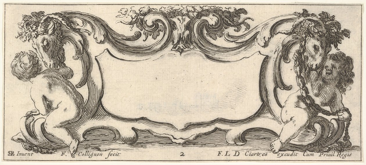 Skylt 2: en kartusch med ett barn sett från baksidan till vänster och ett barn sett från ..., ca. 1640-45. av Francois Collignon