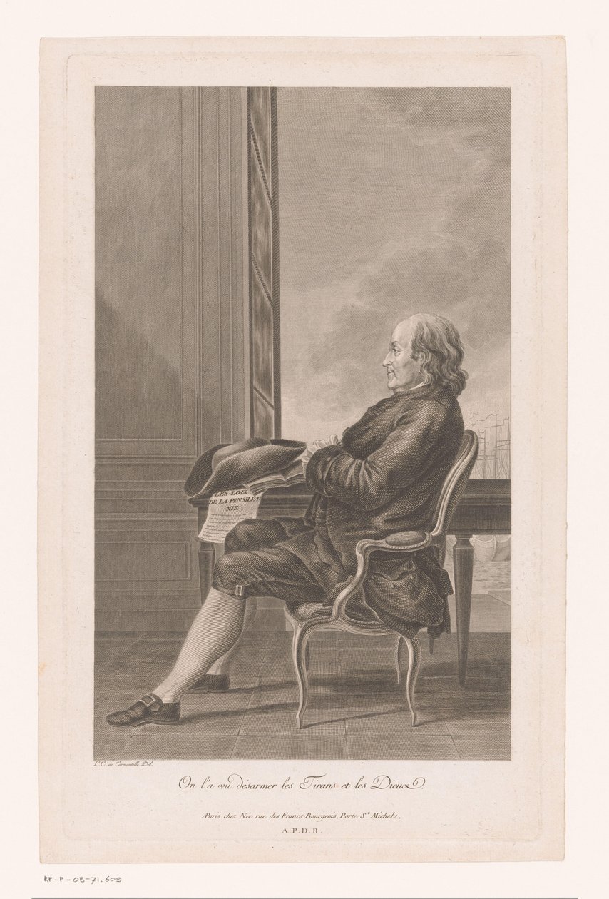 Porträtt av Benjamin Franklin och profil sittande på en stol av Francois Denis Nee