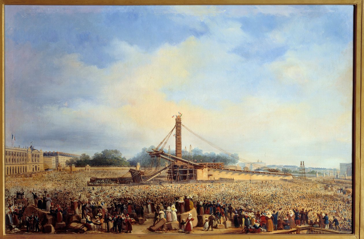 Uppförande av obelisque de Luxor place de la concorde i Paris (25 oktober av Francois Dubois