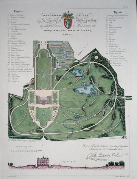 Översiktsplan över trädgården i Chateau de Maisons tillhörande Thomas de Colmar, graverad av G. Lorsignol av Francois Duvillers