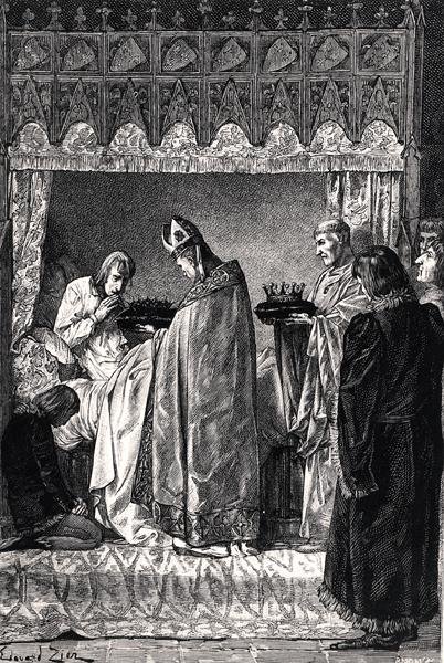 Karl V (1338-80) på sin dödsbädd, som tar emot törnekronan med stor religiös hängivenhet, från 