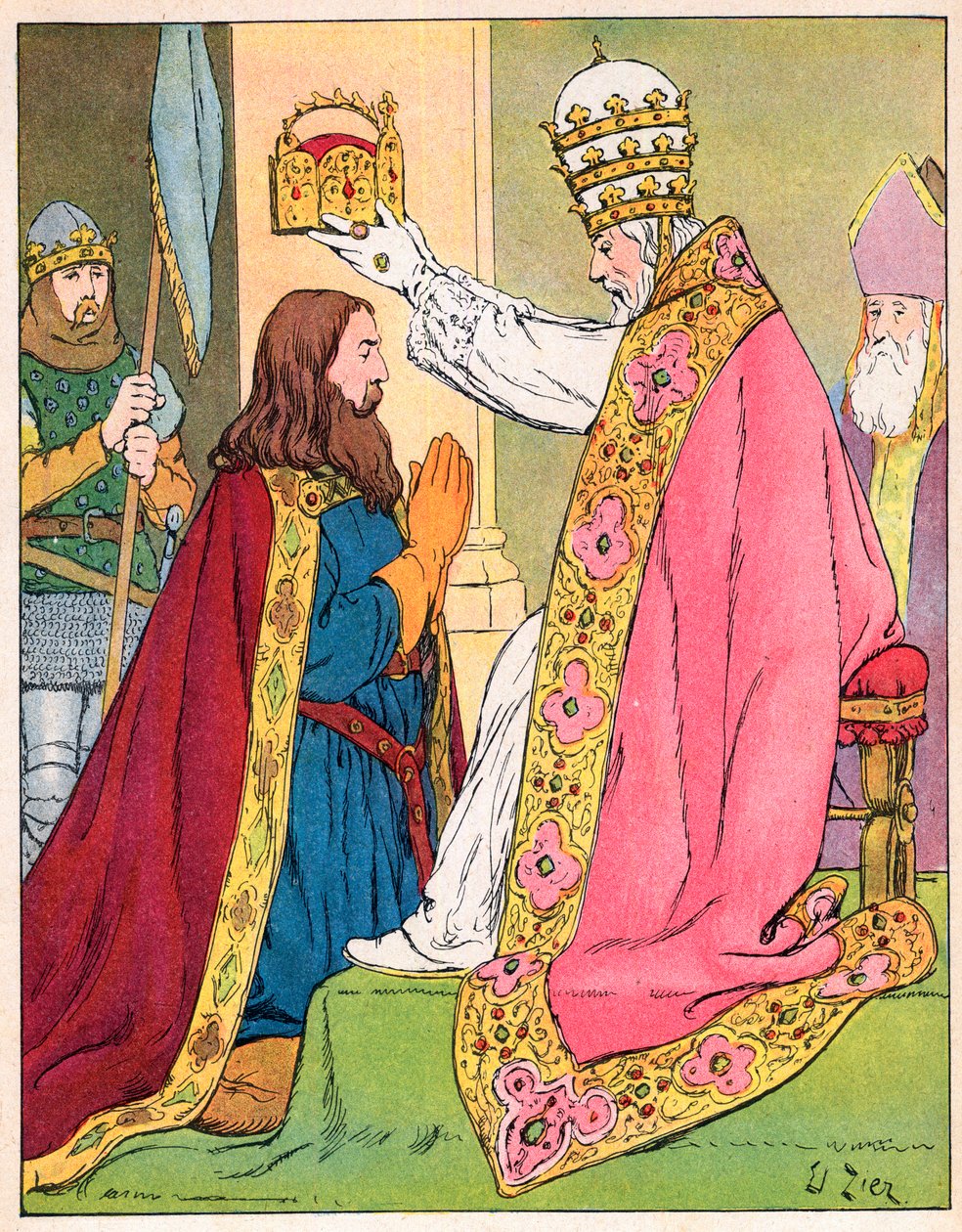 Karl den Store (742-814) krönt av påven Leo III (c750-816) vid Peterskyrkan i Rom den 25 december 800 - Karl den Stores heliga (kröning) (742-814) år 800 av påven Leon III - Illustration av Francois Zier ( 1856-1924) hämtat från "Our Glory-Nationals" av Francois Edouard Zier