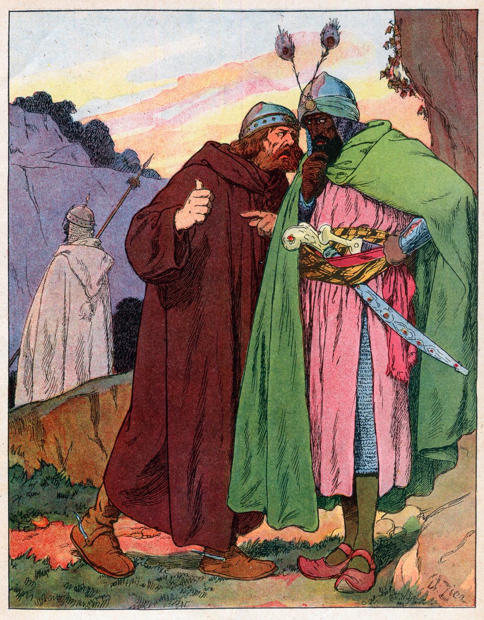 Ganelon rapporterar kejsar Karl den Stores (742-814) ord till fienden (Song de Roland) (Matter of France) - Illustration av Francois Zier (1856-1924) hämtad från "" Nos-Gloriers-Nationales"" runt 1920 av Francois Edouard Zier