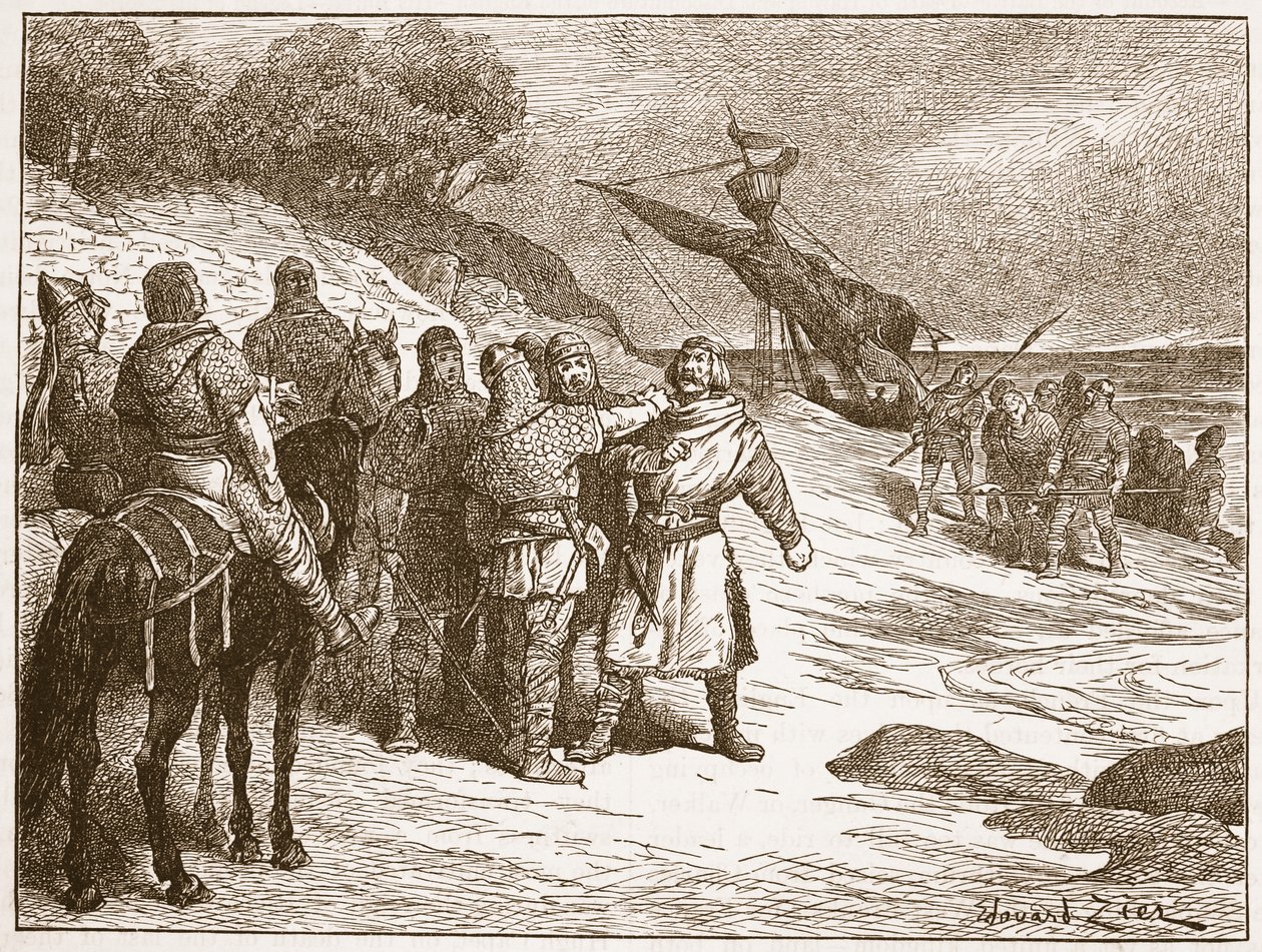 Harold tillfångatagen av greven av Ponthieu, illustration från "Cassell
