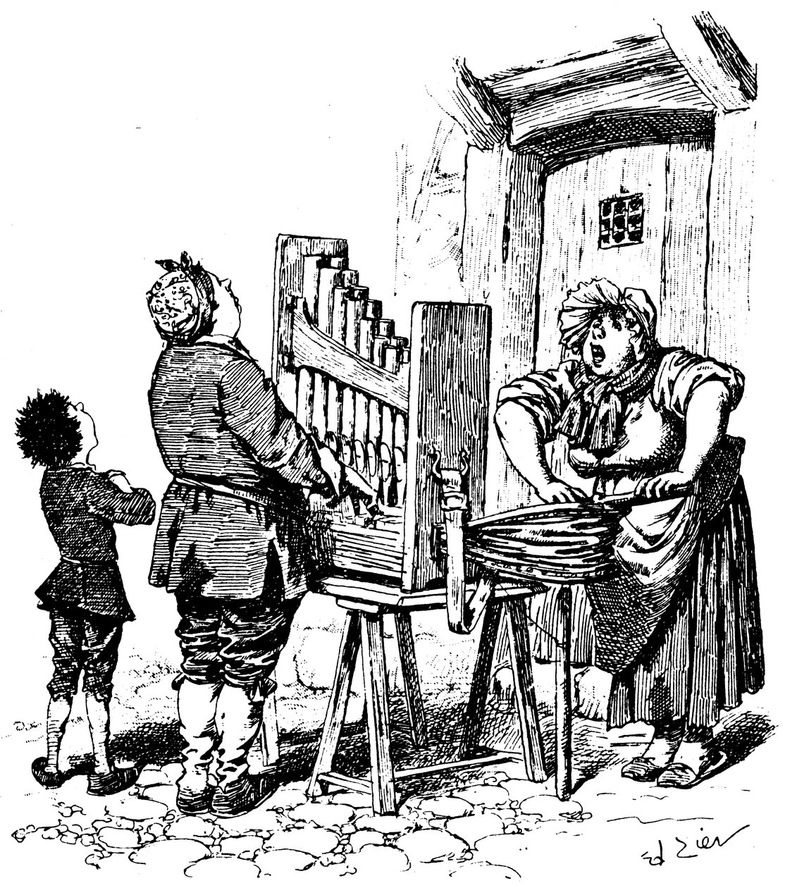 Illustration till Paul Scarrons komiska roman: Barbarian orgelspelare har gusset på gatan (gravyr) av Francois Edouard Zier