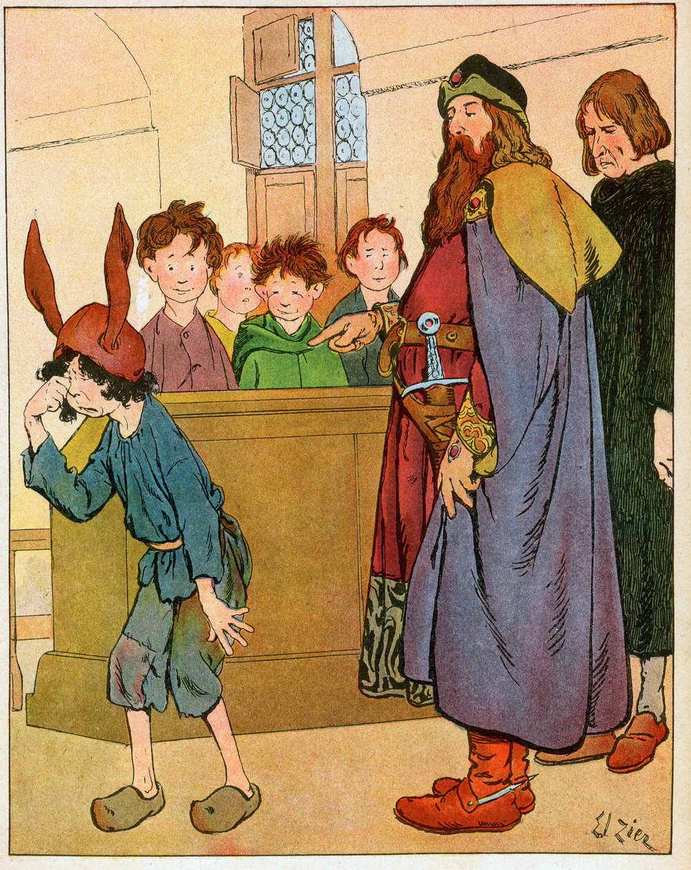 Kung Karl den Store (742-814) etablerade skolor för lekmannabarn 789 och träffade skolbarn" (Kung Karl den Store besökte lärda och främjar utbildning och skolor för lekmannabarn) - Illustration av Francois Zier (1856-1924) hämtad från "Nos-Glois - av Francois Edouard Zier