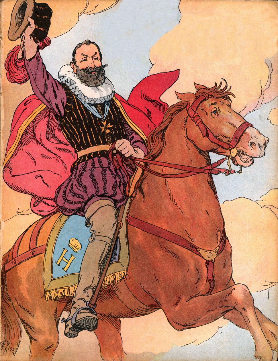 Kung Henrik IV (1553-1610) (Kung av Frankrike Henri IV) Illustration av Francois Edouard Zier (1856-1924) i Our-glories-nationales”” 1920 av Francois Edouard Zier