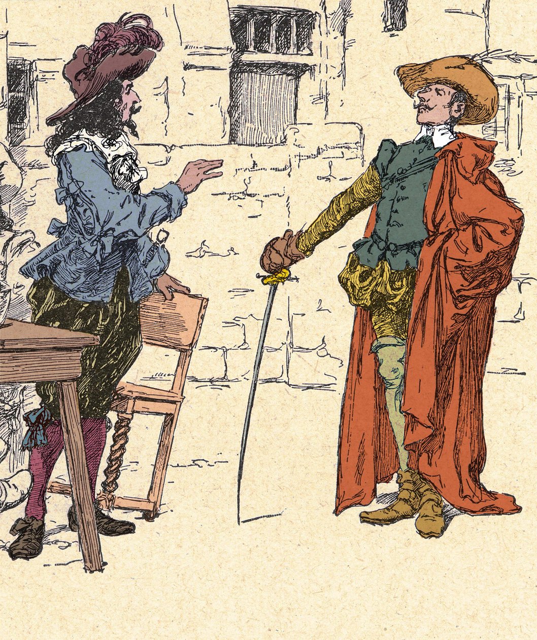 Möte av Cyrano, ung, anländer till Paris, med D