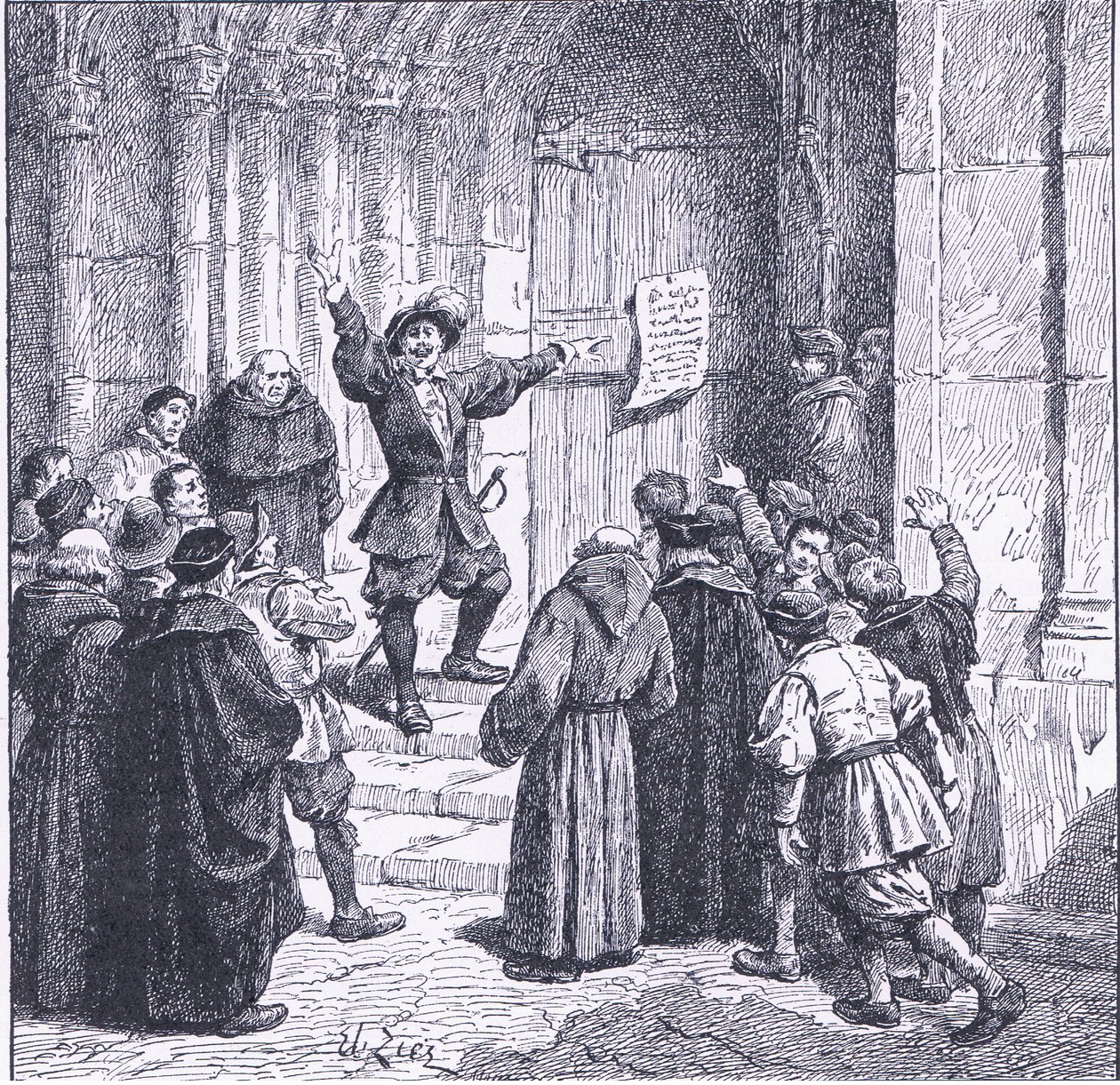 Robert Aske anbringar sin proklamation på dörren till York Minster, från Cassells History of the British People publicerad av Waverley Book Company, ca 1950-talet (litho) av Francois Edouard Zier