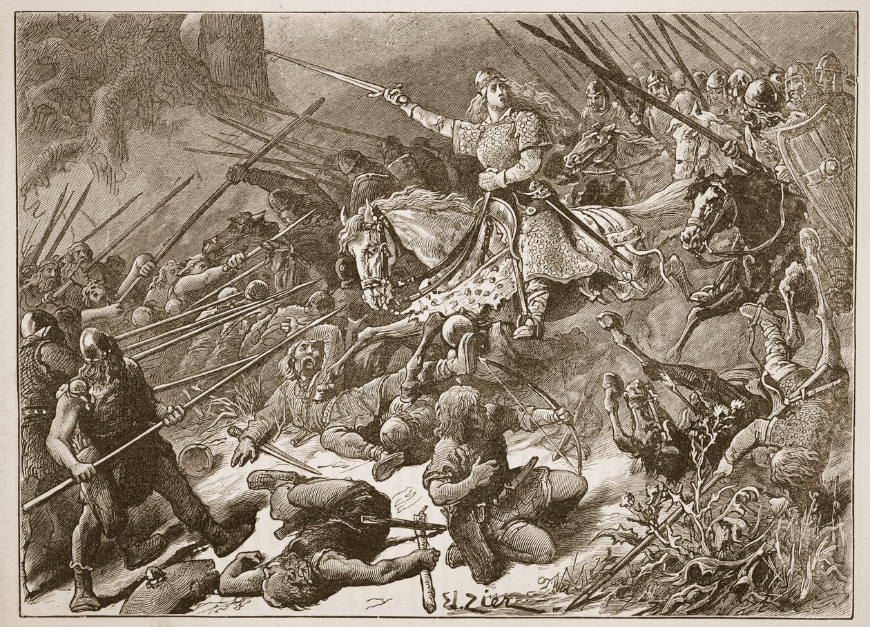 "Lady of the Mercians" som kämpar mot walesarna, illustration från "Cassell