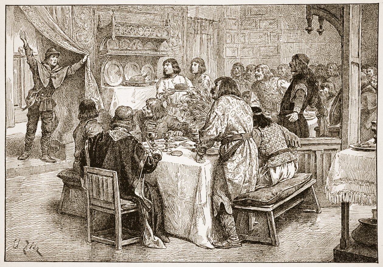 Budbäraren som förde nyheterna om Vilhelms landstigning till Harold, illustration från "The Church of England: A History for the People" av H.D.M. Spence-Jones, pub. ca 1910 (sepiafoto). av Francois Edouard Zier
