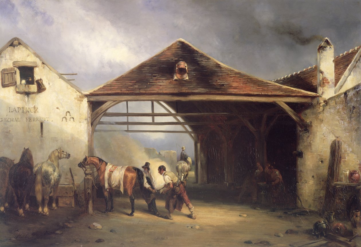 En beslagsmed sko en hest av Francois Emile de Lansac