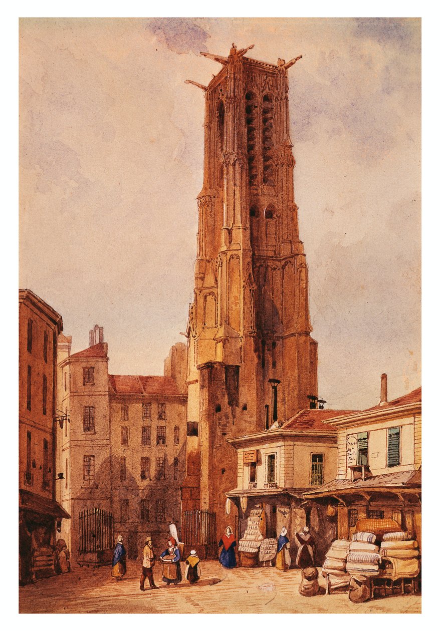 Frankrike, Paris, Saint-Jacques Tower av Francois-Etienne Villeret, teckning av Francois Etienne Villeret