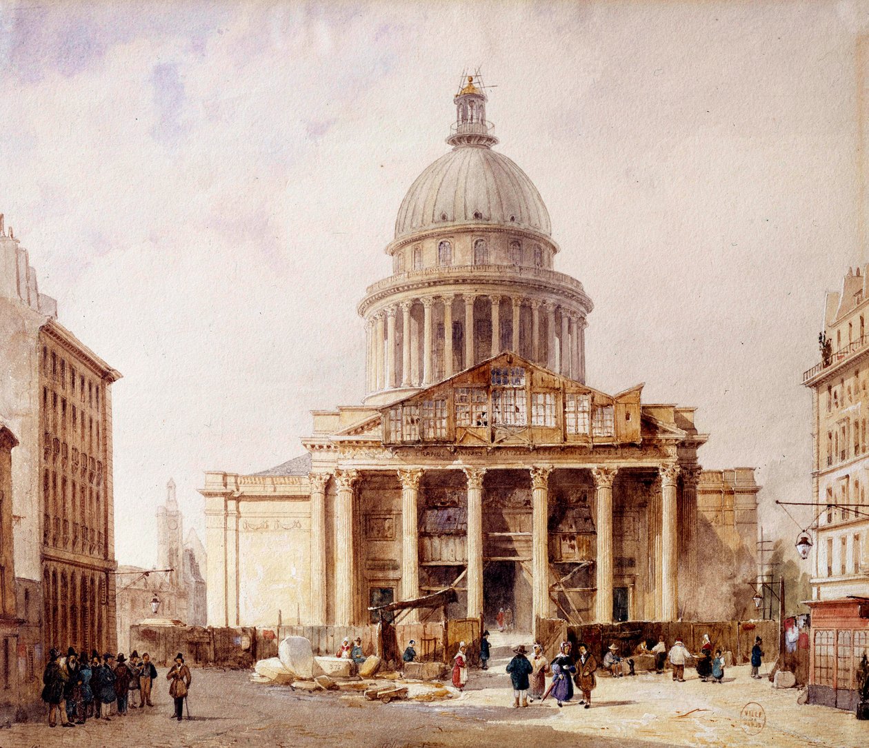 Utsikt över Pantheon under uppbyggnad i Paris från rue Soufflot Byggnaden byggdes på projektet av Jacques Germain Soufflot (1713-1780) på platsen för kyrkan Sainte Genevieve. Akvarell av Francois Etienne Villeret (ca 1800-1866) 1835. P av Francois Etienne Villeret